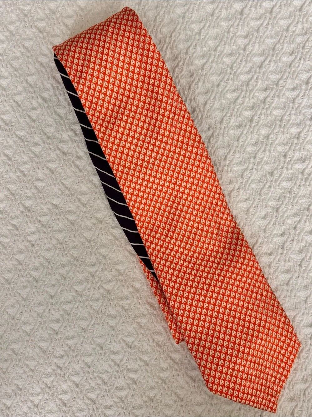 Roundtree & York orange micro sailboat print silk tie made USA preppy nautical